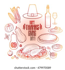 Graphic Thanksgiving day collection drawn in line art style. Vector holiday attributes isolated on white background in red colors