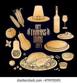 Graphic Thanksgiving day collection drawn in line art style. Vector holiday attributes isolated on black background in golden colors
