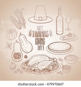 Graphic Thanksgiving day collection drawn in line art style. Vector holiday attributes in vintage colors
