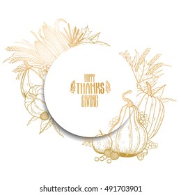 Graphic Thanksgiving day elements in the shape of circle. Vector design isolated on white background in golden colors.