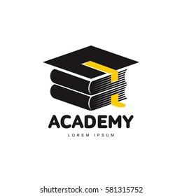 Graphic three colored square academic, graduation cap logo template, vector illustration isolated on white background. Stylized square graphic graduation cap logotype, logo design in three colors