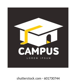 Graphic three colored square academic, graduation cap logo template, vector illustration isolated on black background. 