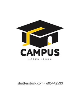 Graphic three colored square academic, graduation cap logo template, vector illustration isolated on white background. Stylized square graphic graduation cap logotype, logo design in three colors