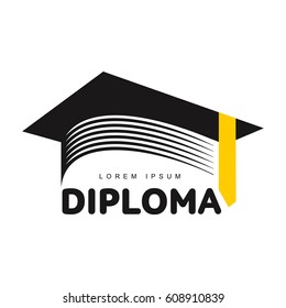 Graphic three colored square academic, graduation cap logo template, vector illustration isolated on white background. Stylized square graphic graduation cap logotype, logo design in three colors