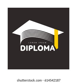 Graphic three colored square academic, graduation cap logo template, vector illustration isolated on black background. Stylized square graphic graduation cap logotype, logo design in three colors