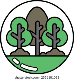 A graphic of three trees with a rock in the middle. The trees are green and the rock is brown. The graphic is circular and has a glass-like appearance