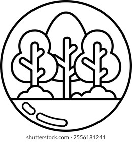 A graphic of three trees with a rock in the middle