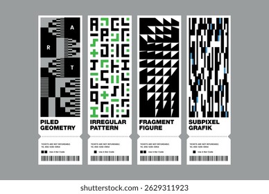Graphic ticket template inspired brutalist vector layout with glitch geometry and bold typography for experimental poster digital artwork album cover banner pixel square triangle pattern futurism tech