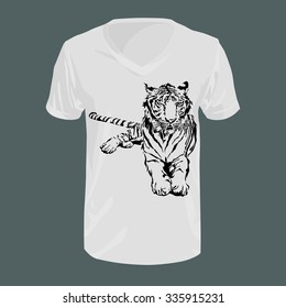 Graphic tiger black and white on t-shirt, fashion, vector illustration.