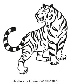 Grafischer Tiger. Schwarz-Weiß von Raubkatzen. Vektorgrafik einzeln auf weißem Hintergrund