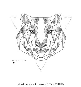 Graphic tiger head for design of a t-shirt, bag, poster, postcard, print. Dotwork.Tattoo design.
