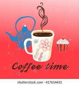 Graphic time coffee and cake on a red background