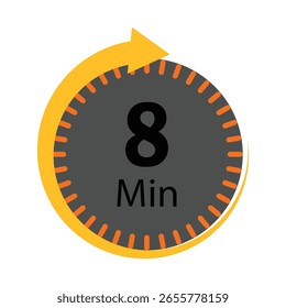A graphic timer showing 8 minutes with a circular progress indicator and arrow.