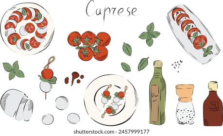 Graphic tomatoes and olives hand drawn vector illustration. Ingredients for Italian restaurant or mediterranean food. Caprese salad with food elements clip art. Delicious Italian appetizer