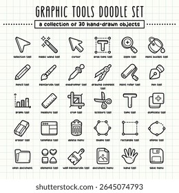 Graphic tools hand-drawn doodle art illustrations and elements. felt-tip pen marker style on grid paper, great for various creative design uses.