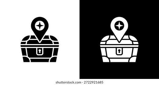 Gráfico de un cofre del tesoro marcado con un alfiler de ubicación, mostrado en blanco y negro.