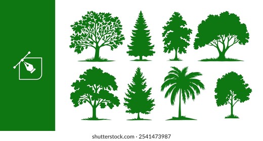 Símbolo de contorno de elemento de árvore gráfica para desenho arquitetônico e projeto de paisagem, coleção de desenhos de linha de árvores de silhueta