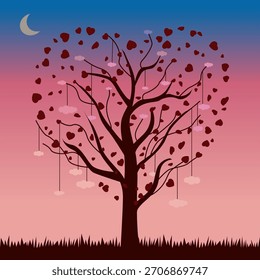 Árbol gráfico con hojas en forma de corazón y nubes en las ramas en un fondo del cielo de la mañana. Ilustración vectorial