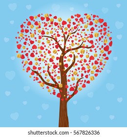 Graphic tree with leaves in shape of hearts and gold gifts. Vector illustration