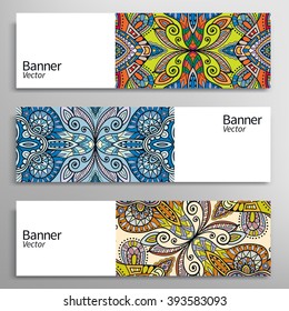 Graphic trendy banners collection. Abstract header background with colorful doodle floral ornament, cards with place for your text. Set of vector banners with geometric colored shapes