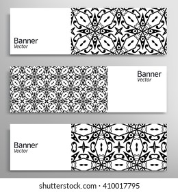 Graphic trendy banners collection.. Abstract header backgrounds with ornament, line patterns, cards with place for your text. Set of vector banners with geometric shapes. Black and white background