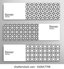 Graphic trendy banners collection.. Abstract header backgrounds with ornament, line patterns, cards with place for your text. Set of vector banners with geometric shapes. Black and white background