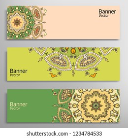 Graphic trendy banners set. Abstract geometric header vector background with Mandala ornament element, doodle card with place for your text.