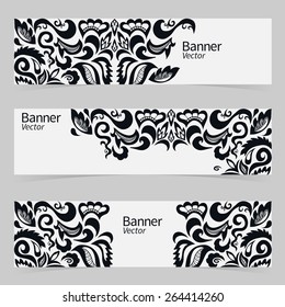 Graphic trendy banners set. Abstract header vector background. Retro label design. Geometric shapes, doodle cartoon card in vector. Ornamental black and white pattern with place for your text.