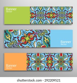 Graphic trendy banners set. Abstract geometric header vector background, doodle card with place for your text.