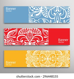 Graphic trendy banners set. Abstract geometric header vector background, doodle card with place for your text.