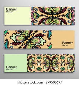 Graphic trendy banners set. Abstract geometric header vector background, doodle card with place for your text.