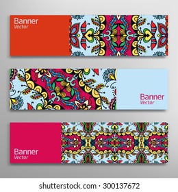 Graphic trendy banners set. Abstract geometric header vector background, doodle card with place for your text.