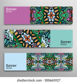 Graphic trendy banners set. Abstract geometric header vector background, doodle card with place for your text.