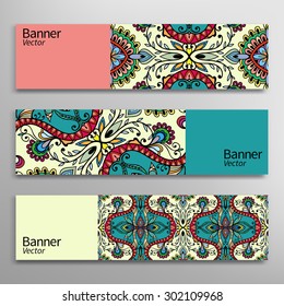 Graphic trendy banners set. Abstract geometric header vector background, doodle card with place for your text.
