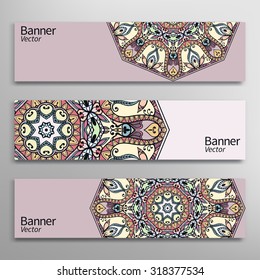 Graphic trendy banners set. Abstract geometric header vector background with Mandala ornament, doodle card with place for your text.