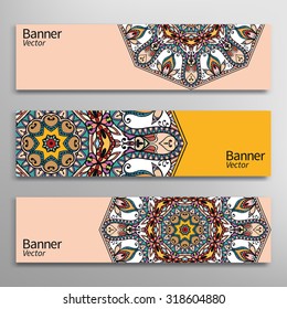 Graphic trendy banners set. Abstract geometric header vector background with Mandala ornament, doodle card with place for your text.