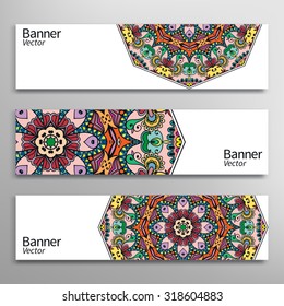 Graphic trendy banners set. Abstract geometric header vector background with Mandala ornament, doodle card with place for your text.