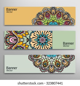 Graphic trendy banners set. Abstract geometric header vector background with Mandala ornament, doodle card with place for your text.