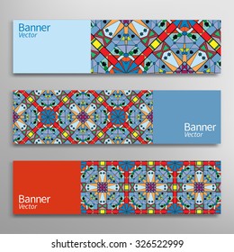 Graphic trendy banners set. Abstract geometric header vector background with Mandala ornament, doodle card with place for your text.