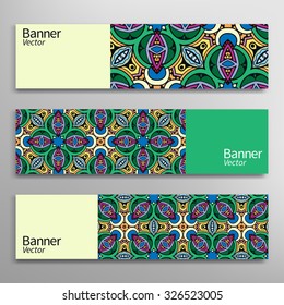 Graphic trendy banners set. Abstract geometric header vector background with Mandala ornament, doodle card with place for your text.