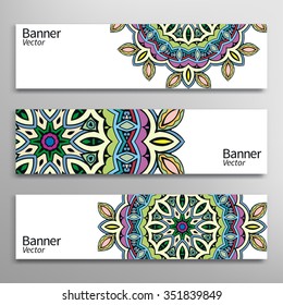 Graphic trendy banners set. Abstract geometric header vector background with Mandala ornament elements, doodle card with place for your text.