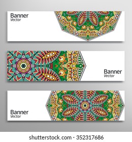 Graphic trendy banners set. Abstract geometric header vector background with Mandala ornament, doodle card with place for your text.