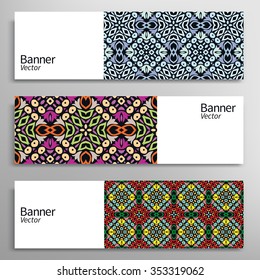 Graphic trendy banners set. Abstract geometric header vector background with ethnic ornament, doodle card with place for your text.
