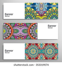Graphic trendy banners set. Abstract geometric header vector background with ethnic ornament, doodle card with place for your text.