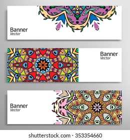 Graphic trendy banners set. Abstract geometric header vector background with Mandala ornament, doodle card with place for your text.