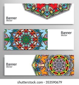 Graphic trendy banners set. Abstract geometric header vector background with Mandala ornament, doodle card with place for your text.