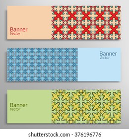 Graphic trendy banners set. Abstract header vector geometric background with colorful ornament, cards with place for your text.