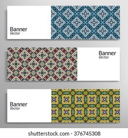Graphic trendy banners set. Abstract header vector geometric background with colorful ornament, cards with place for your text.