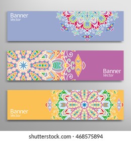 Graphic trendy banners set. Abstract geometric header vector background with mandala ornament elements, doodle card with place for your text.