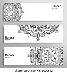 Graphic trendy banners set. Abstract geometric header vector background with Mandala ornament element, doodle card with place for your text. Black and white